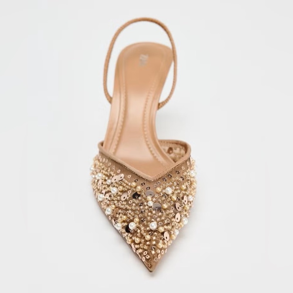 Zara pearl beaded embellished slingback pointed toe kitten heels - Picture 3 of 8